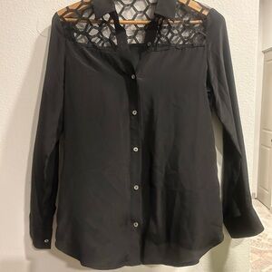Jonathan Simkhai Black Silk Button Down Blouse with Sheer Lace Detail